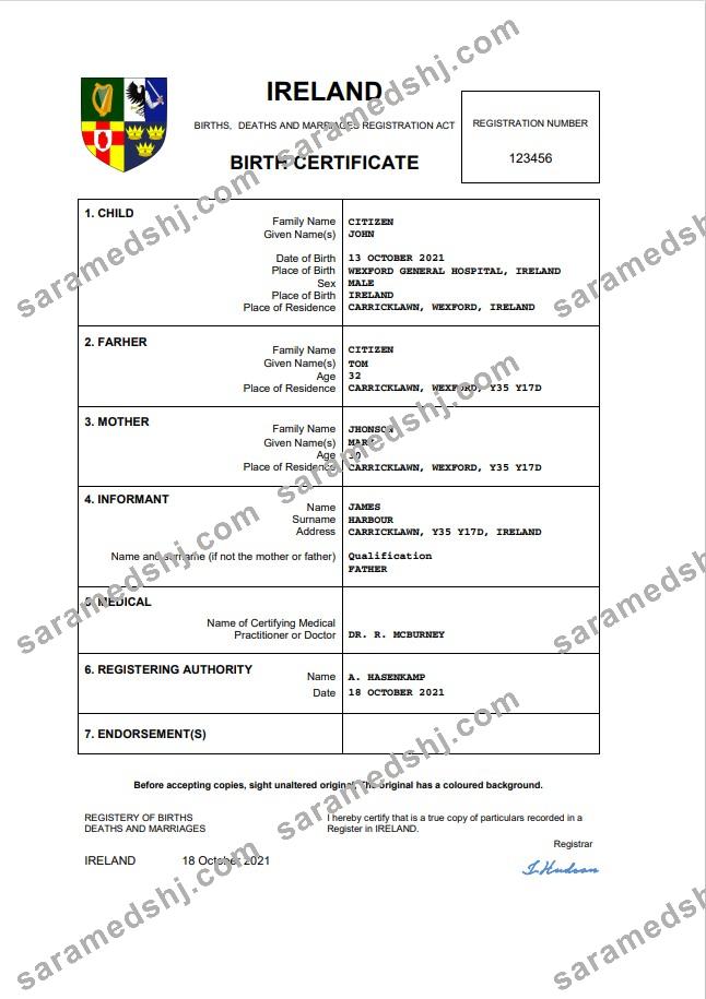 Ireland birth certificate Word and PDF template
